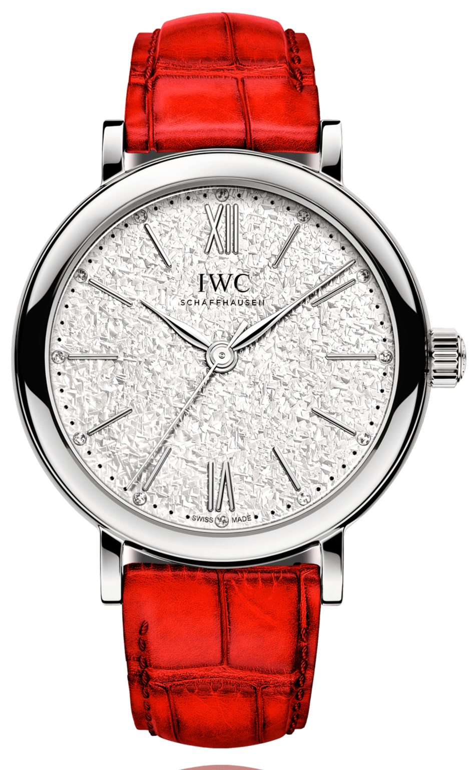 IWC Portofino Automatic Diamonds Silver Dial Red Leather Strap Watch for Women - IW357408