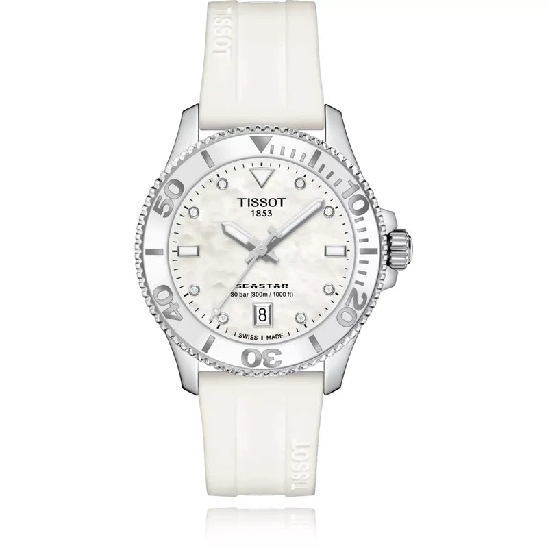 Tissot Seastar 1000 Mother of Pearl White Dial White Rubber Strap Watch for Women - T120.210.17.116.00