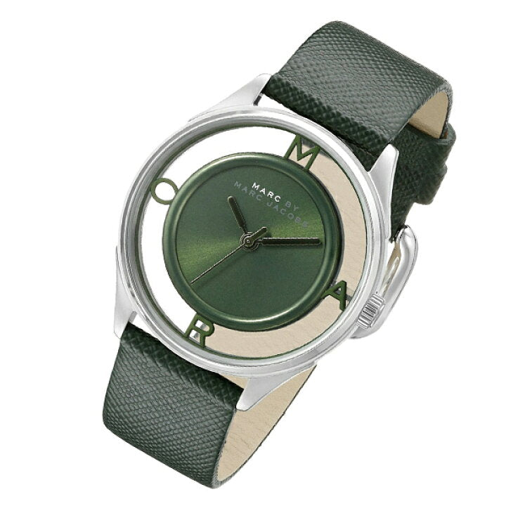 Marc Jacobs Tether Transparent Green Dial Green Leather Strap Watch for Women - MBM1378