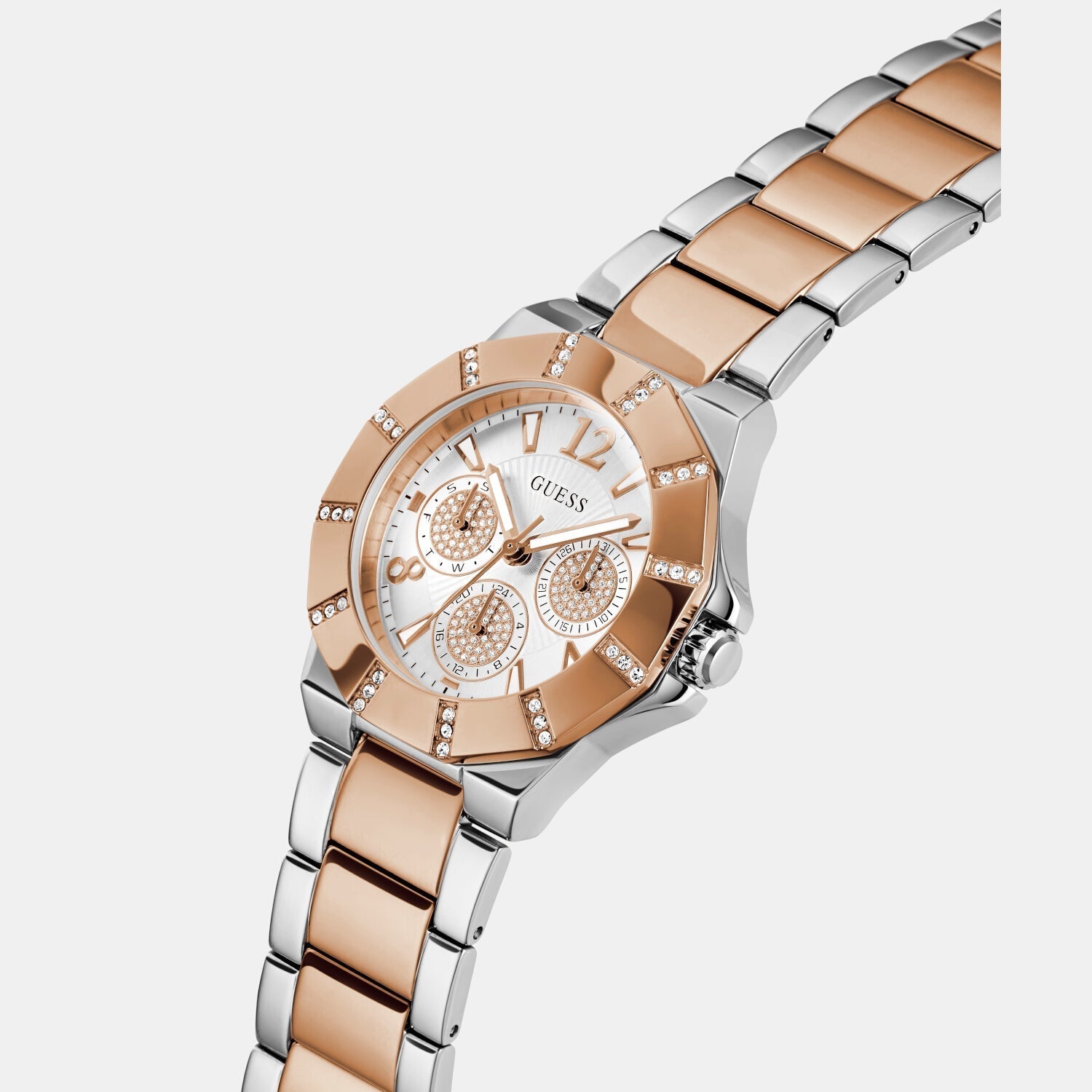 Guess Sunray Multifunction Crystals Silver Dial Two Tone Steel Strap Watch For Women - GW0616L3
