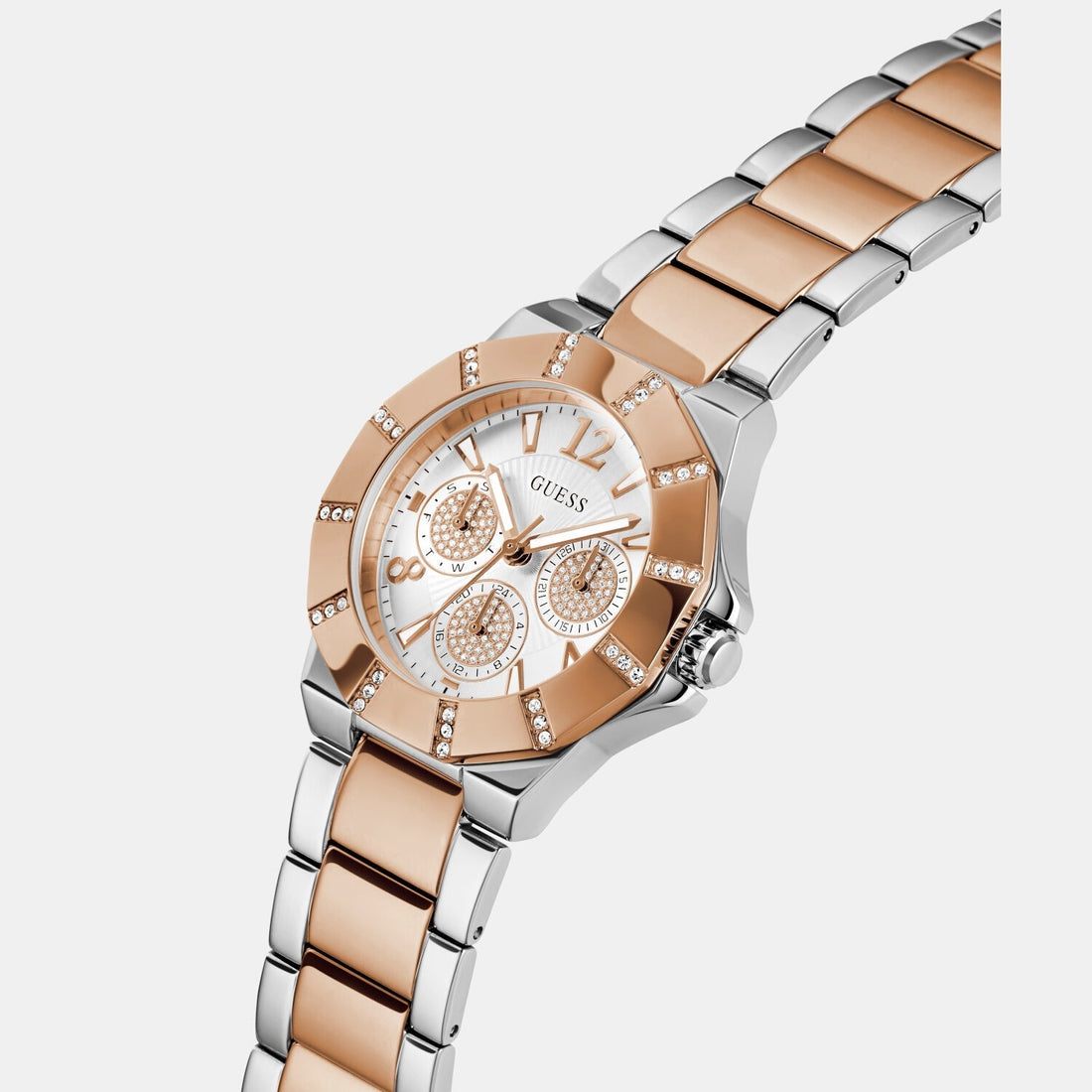 Guess Sunray Multifunction Crystals Silver Dial Two Tone Steel Strap Watch For Women - GW0616L3