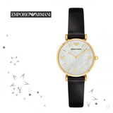 Emporio Armani Gianni T-Bar Quartz Mother of Pearl Dial Black Leather Strap Watch For Women - AR1910