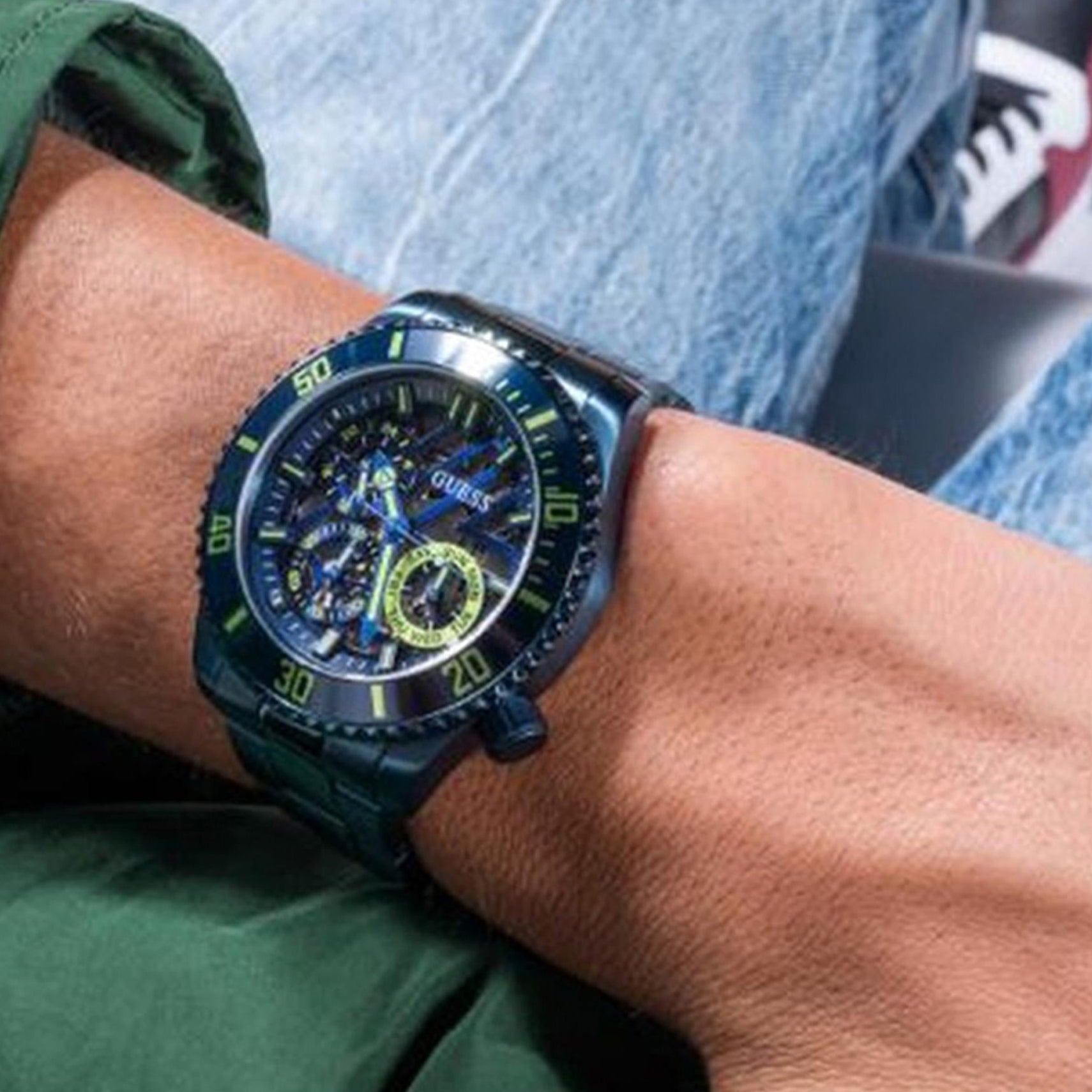 Guess Axle Multifunction Navy Blue Dial Blue Steel Strap Watch For Men - GW0488G4