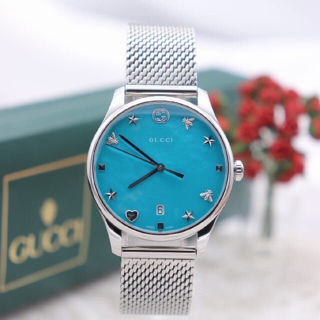Gucci G-Timeless Turquiose Mother of Pearl Dial Silver Mesh Bracelet Watch For Women - YA1264039