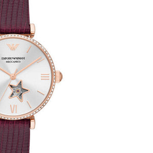Emporio Armani Meccanico Automatic Silver Dial Burgundy Leather Strap Watch For Women - AR60044