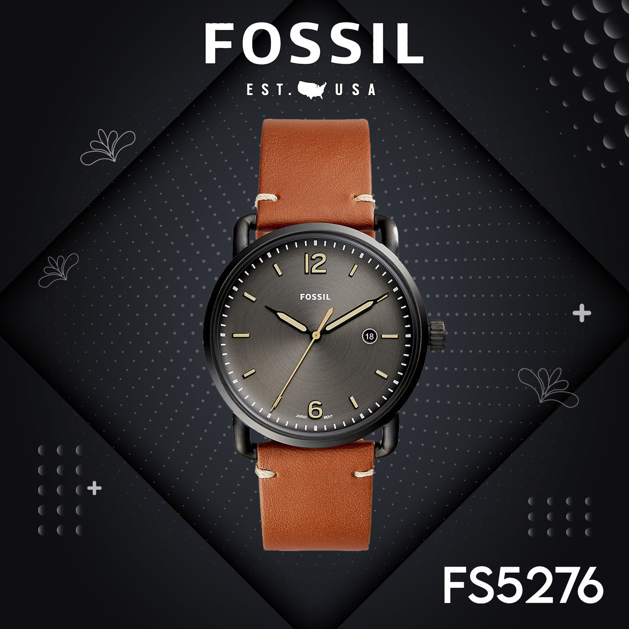 Fossil Commuter Three Hand Date Black Dial Brown Leather Strap Watch for Men - FS5276