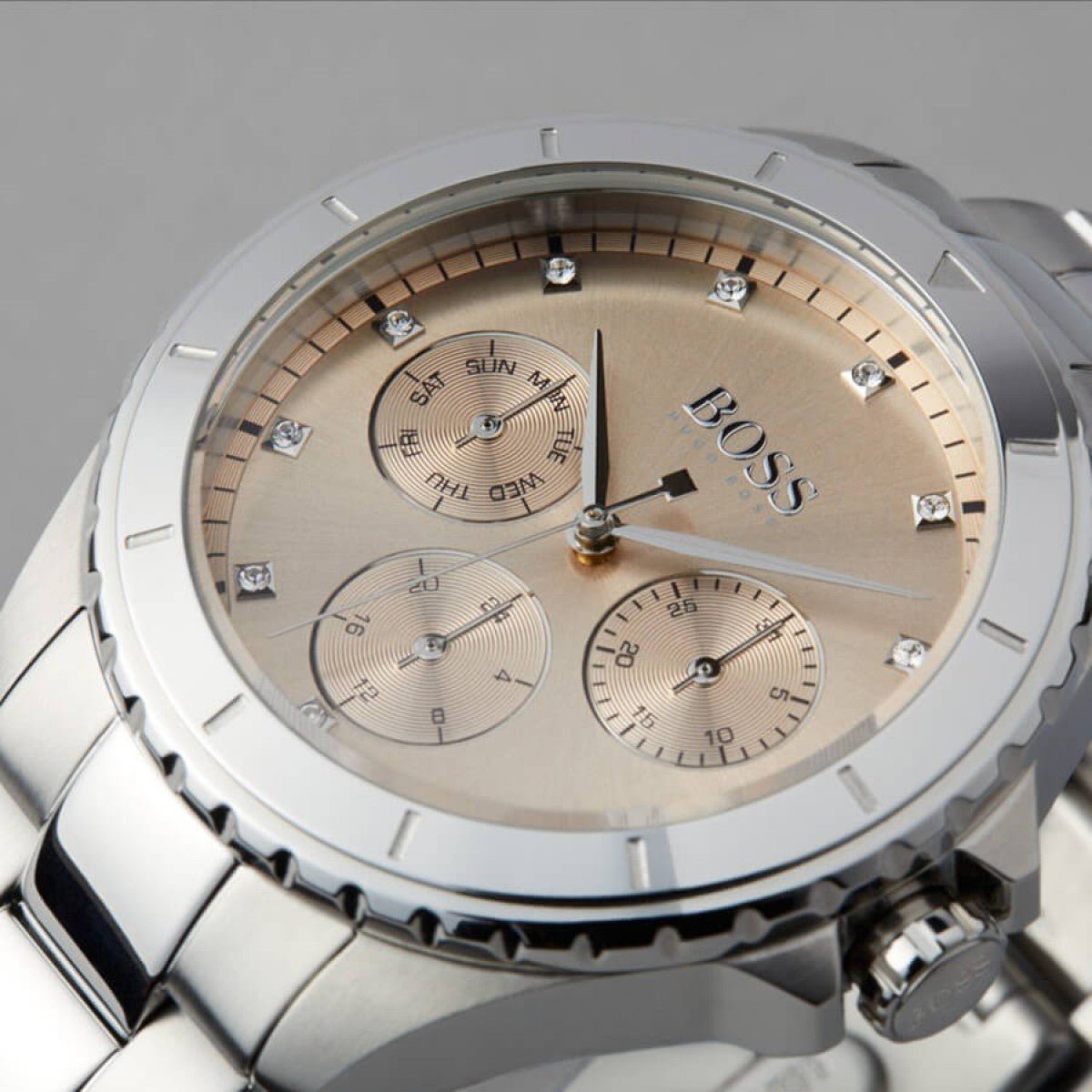 Hugo Boss Premiere Rose Gold Dial Silver Steel Strap Watch for Women - 1502444