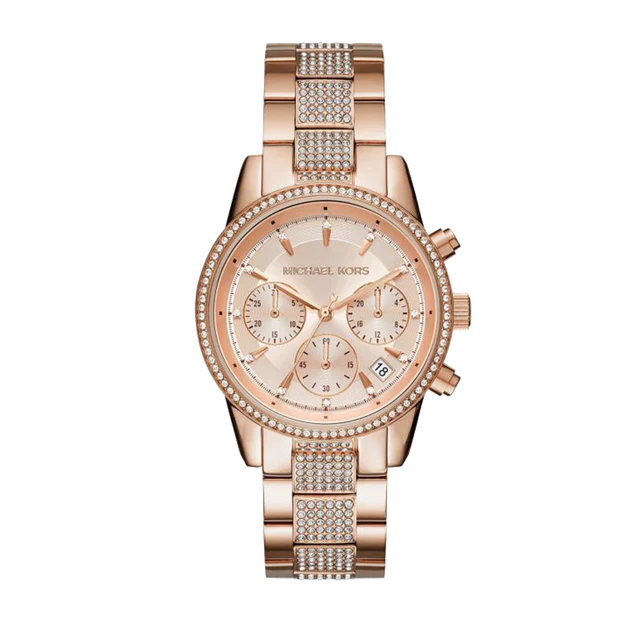 Michael Kors Ritz Chronograph Rose Gold Dial Rose Gold Steel Strap Watch For Women - MK6485