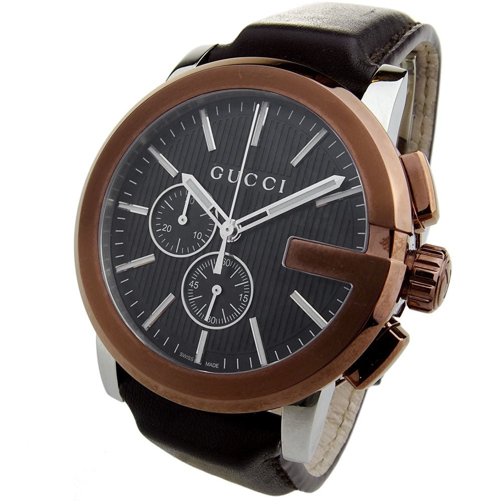 Gucci G Chrono Black Dial Brown Leather Strap Watch For Men - YA101202