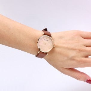 Emporio Armani Gianni T Bar Quartz Pink Mother of Pearl Dial Brown Leather Strap Watch For Women - AR1960