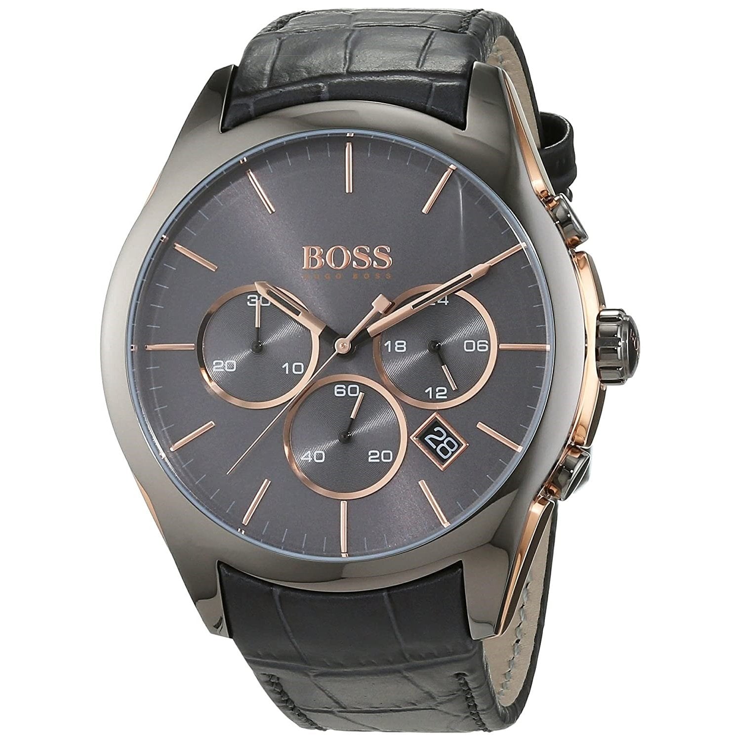 Hugo Boss Onyx Grey Dial Black Leather Strap Watch for Men - 1513366