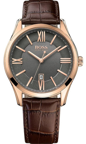 Hugo Boss Ambassador Grey Dial Brown Leather Strap Watch for Men - 1513387