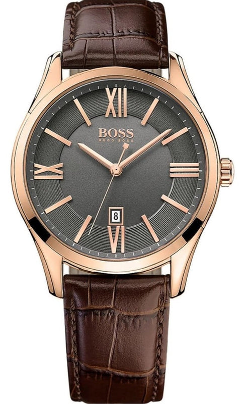 Hugo Boss Ambassador Grey Dial Brown Leather Strap Watch for Men - 1513387