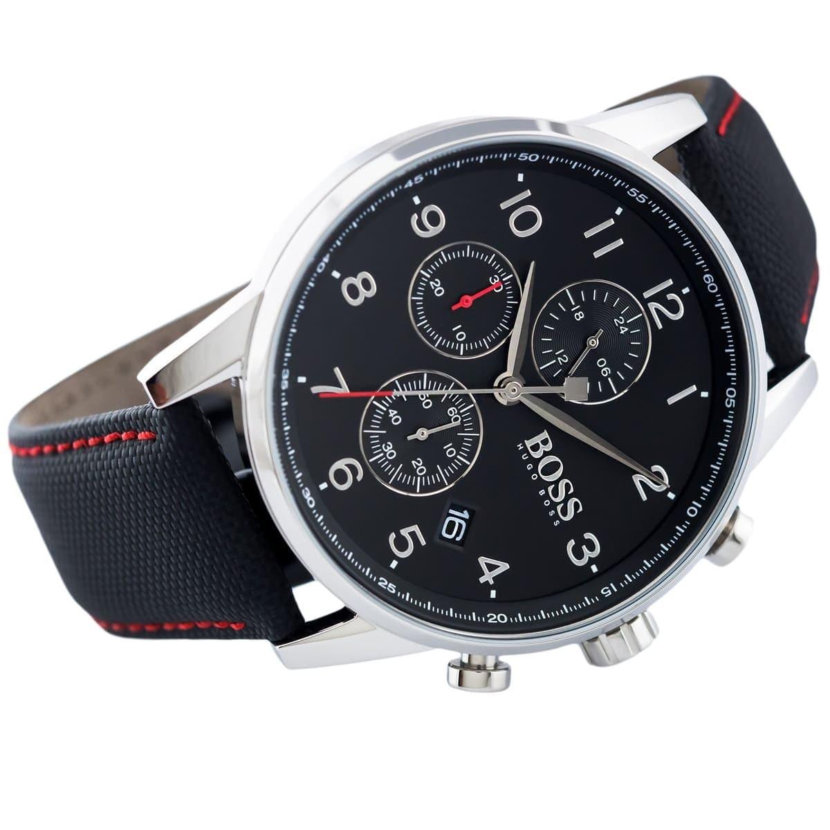 Hugo Boss Navigator Black Dial Black Leather Strap Watch for Men - 1513535
