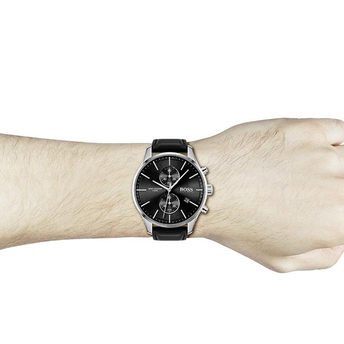 Hugo Boss Jet Black Dial Black Leather Strap Watch for Men - 1513279