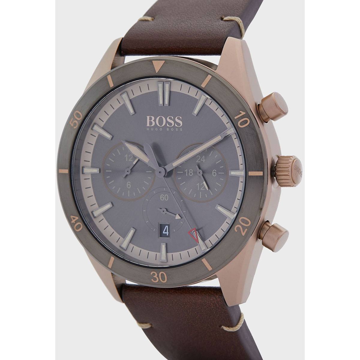 Hugo Boss Santiago Chronograph Grey Dial Brown Leather Strap Watch for Men - 1513861