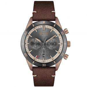 Hugo Boss Santiago Chronograph Grey Dial Brown Leather Strap Watch for Men - 1513861