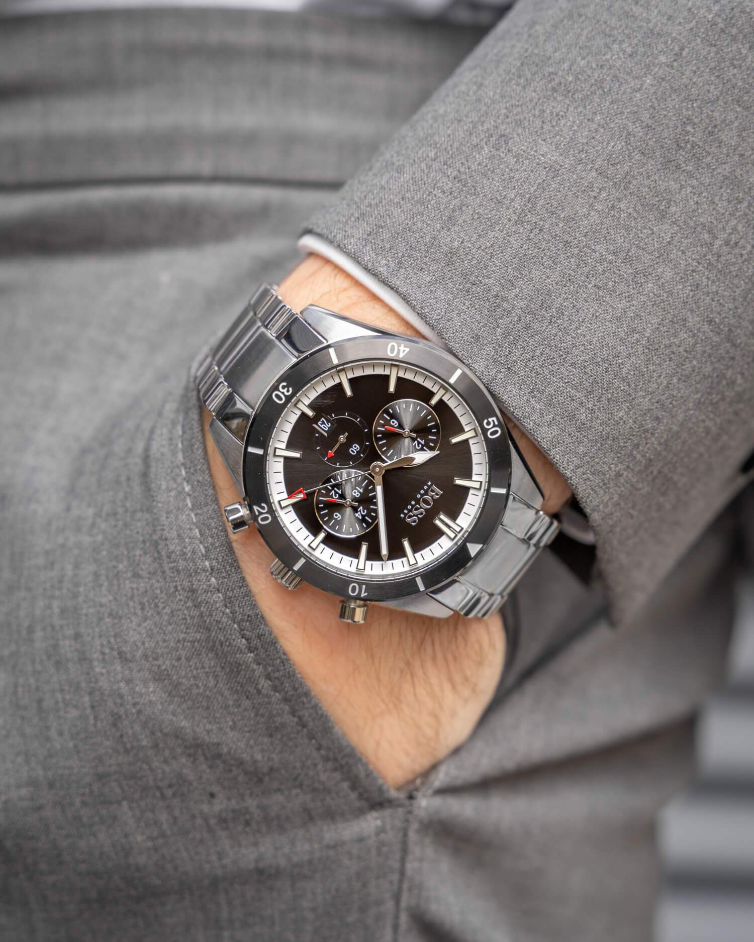 Hugo Boss Santiago Black Dial Silver Steel Strap Watch for Men - 1513862