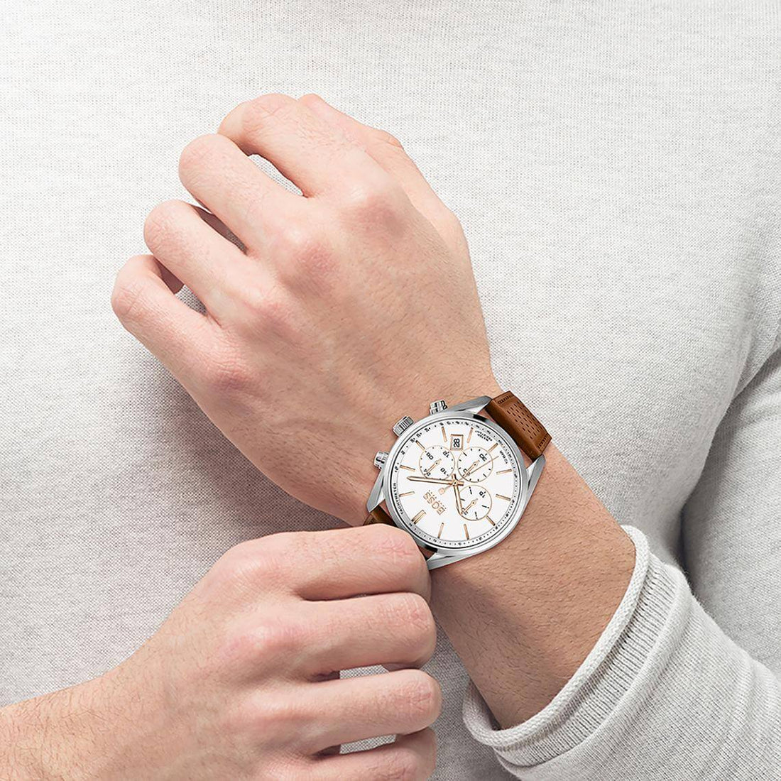 Hugo Boss Champion White Dial Brown Leather Strap Watch for Men - 1513879