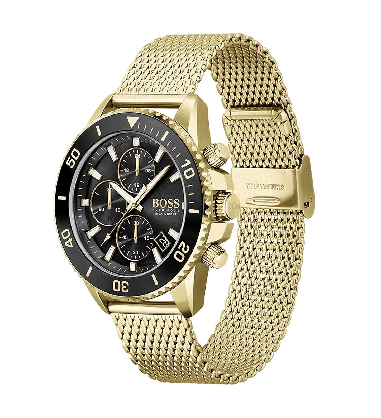 Hugo Boss Ocean Edition Black Dial Gold Mesh Bracelet Watch for Men - 1513703