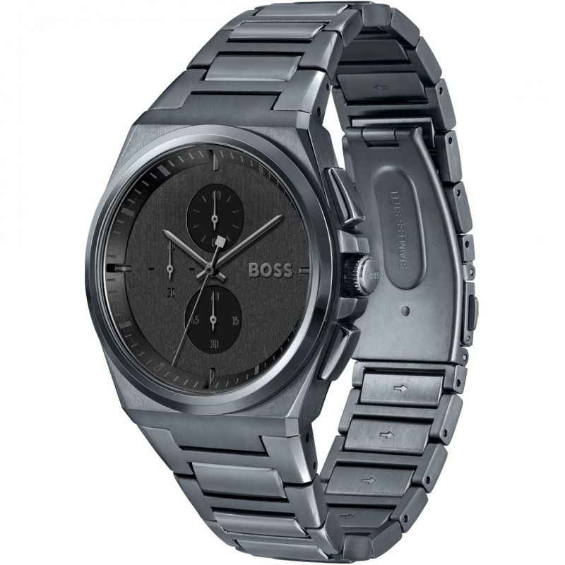 Hugo Boss Steer Chronograph Quartz Grey Dial Grey Steel Strap Watch For Men - 1513996