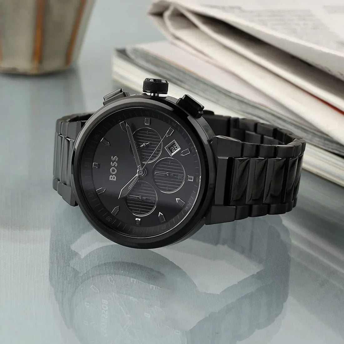 Hugo Boss One Chronograph Black Dial Black Steel Strap Watch For Men - 1514001