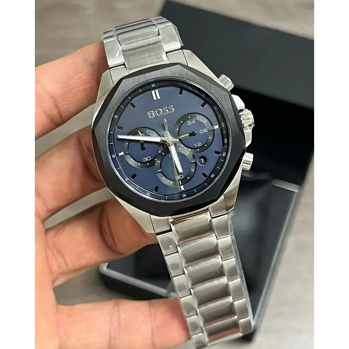 Hugo Boss Cloud Chronograph Blue Dial Silver Steel Strap Watch For Men - 1514015