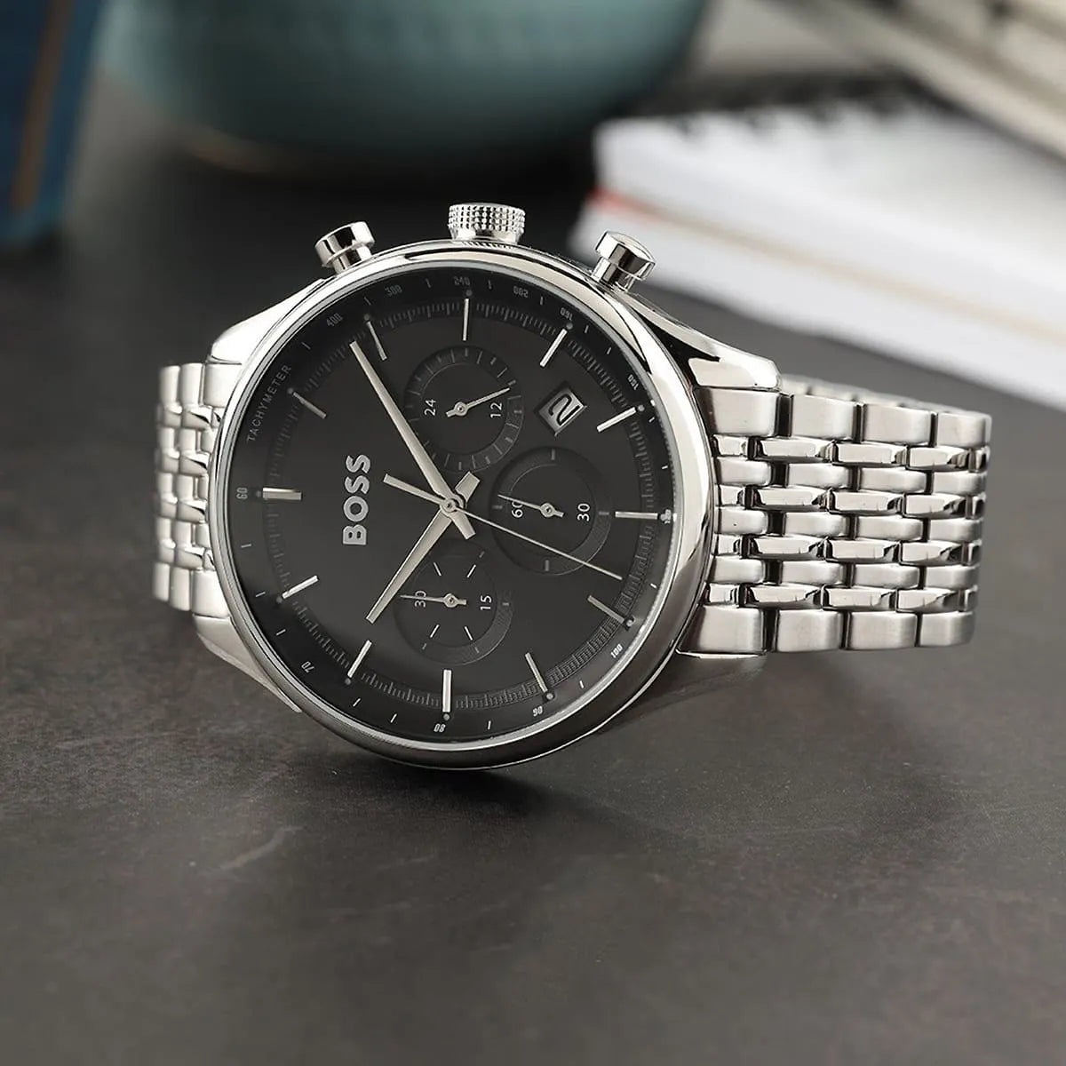 Hugo Boss Gregor Chronograph Black Dial Silver Steel Strap Watch For Men - 1514082