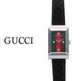 Gucci G-Frame Mother of Pearl Green & Red Dial Black Leather Strap Watch For Women - YA147403