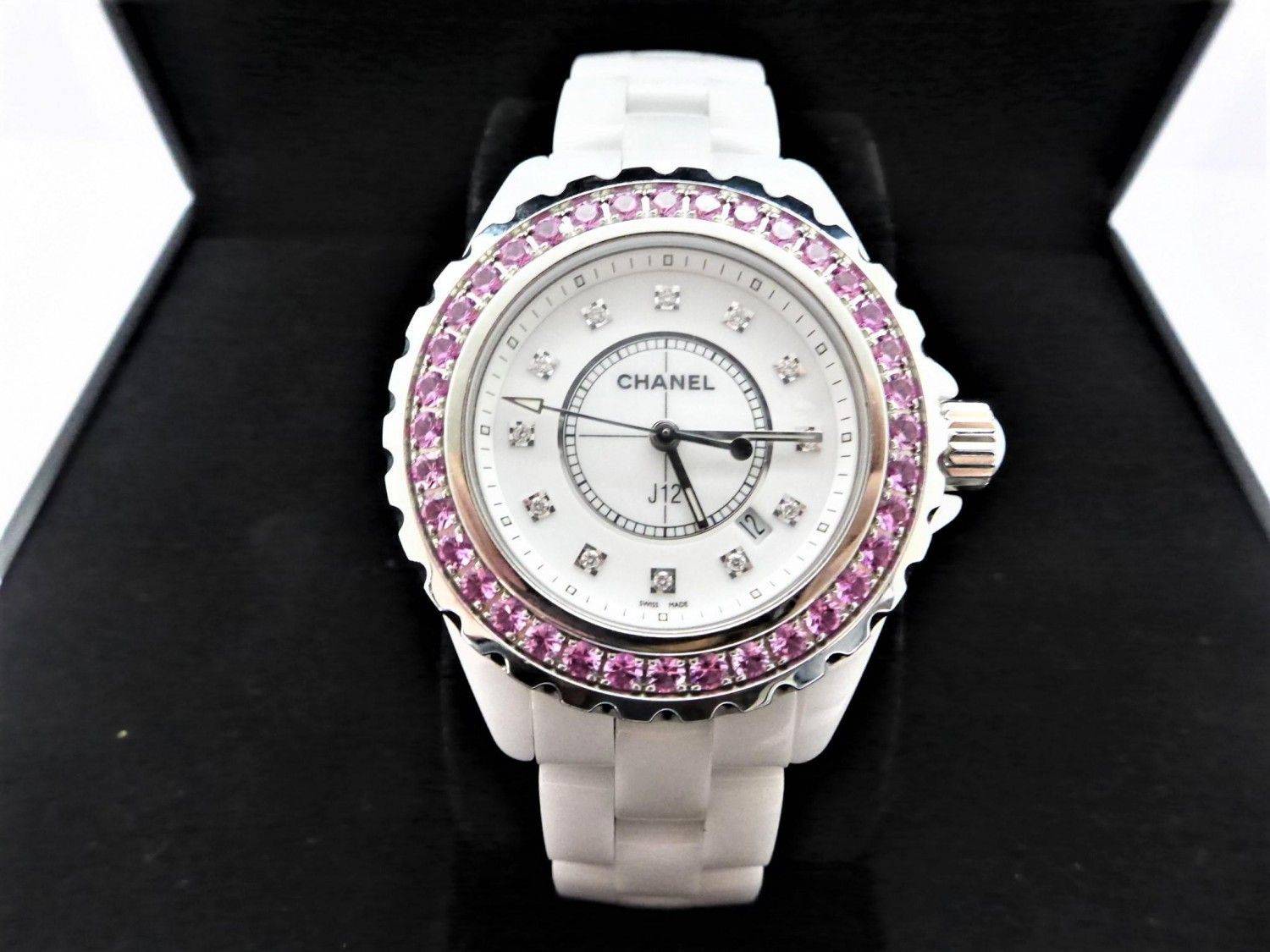Chanel J12 Sapphire Bezel Ceramic White Dial White Steel Strap Watch for Women - J12 H2010