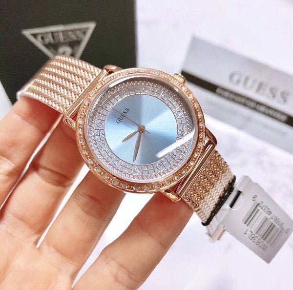 Guess Willow Crystal Blue Dial Rose Gold Mesh Bracelet Watch For Women - W0836L1