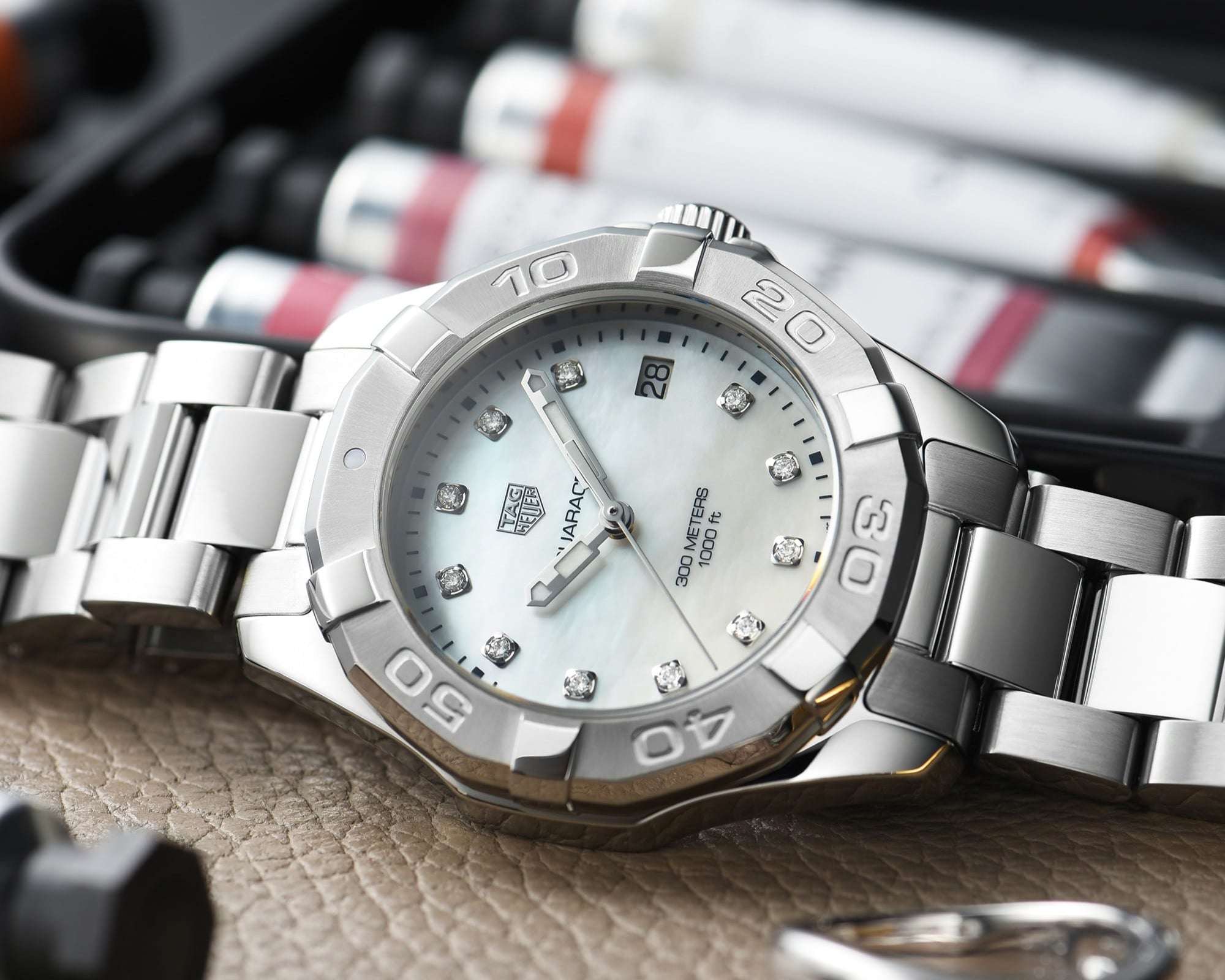 Tag Heuer Aquaracer Diamonds Mother of Pearl Dial Silver Steel Strap Watch for Women - WBD131B.BA0748