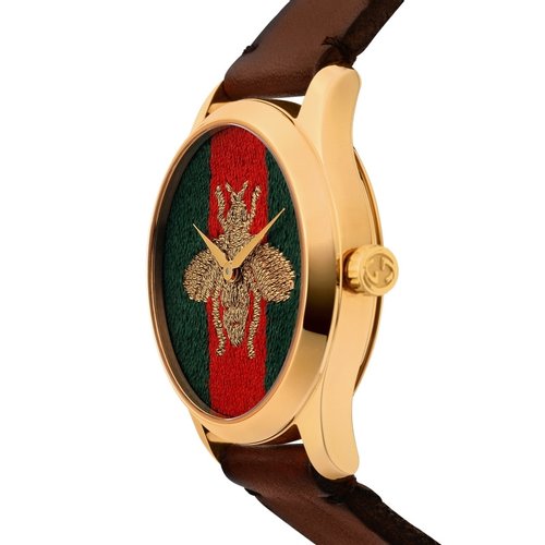 Gucci G Timeless Quartz Green & Red Dial Brown Leather Strap Watch For Men - YA126451