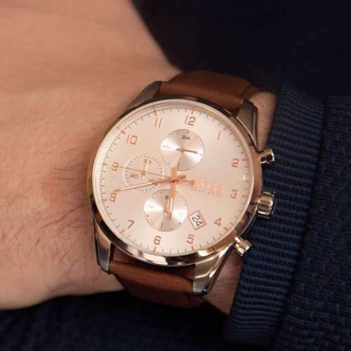 Hugo Boss Skymaster White Dial Brown Leather Strap Watch for Men - 1513786