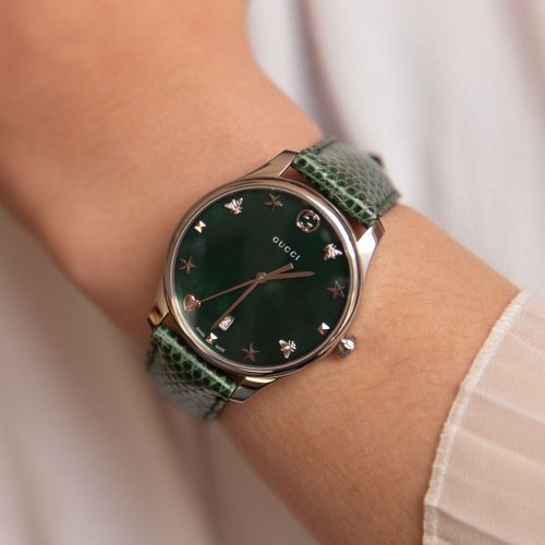 Gucci G-Timeless Mother of Pearl Green Dial Green Leather Strap Watch For Women - YA1264042