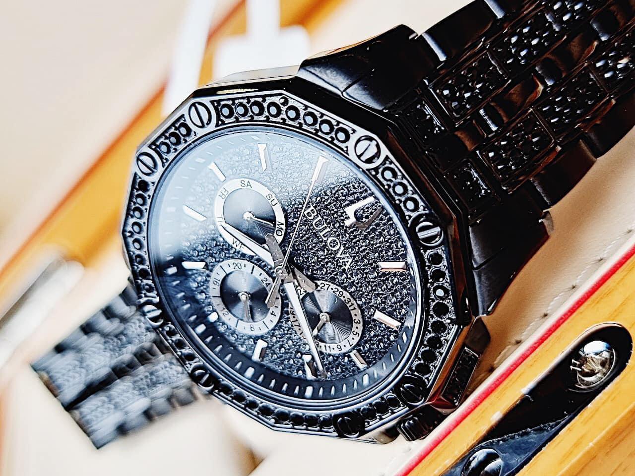 Bulova Octova Chronograph Black Crystal Dial Black Steel Strap Watch for Men - 98C134