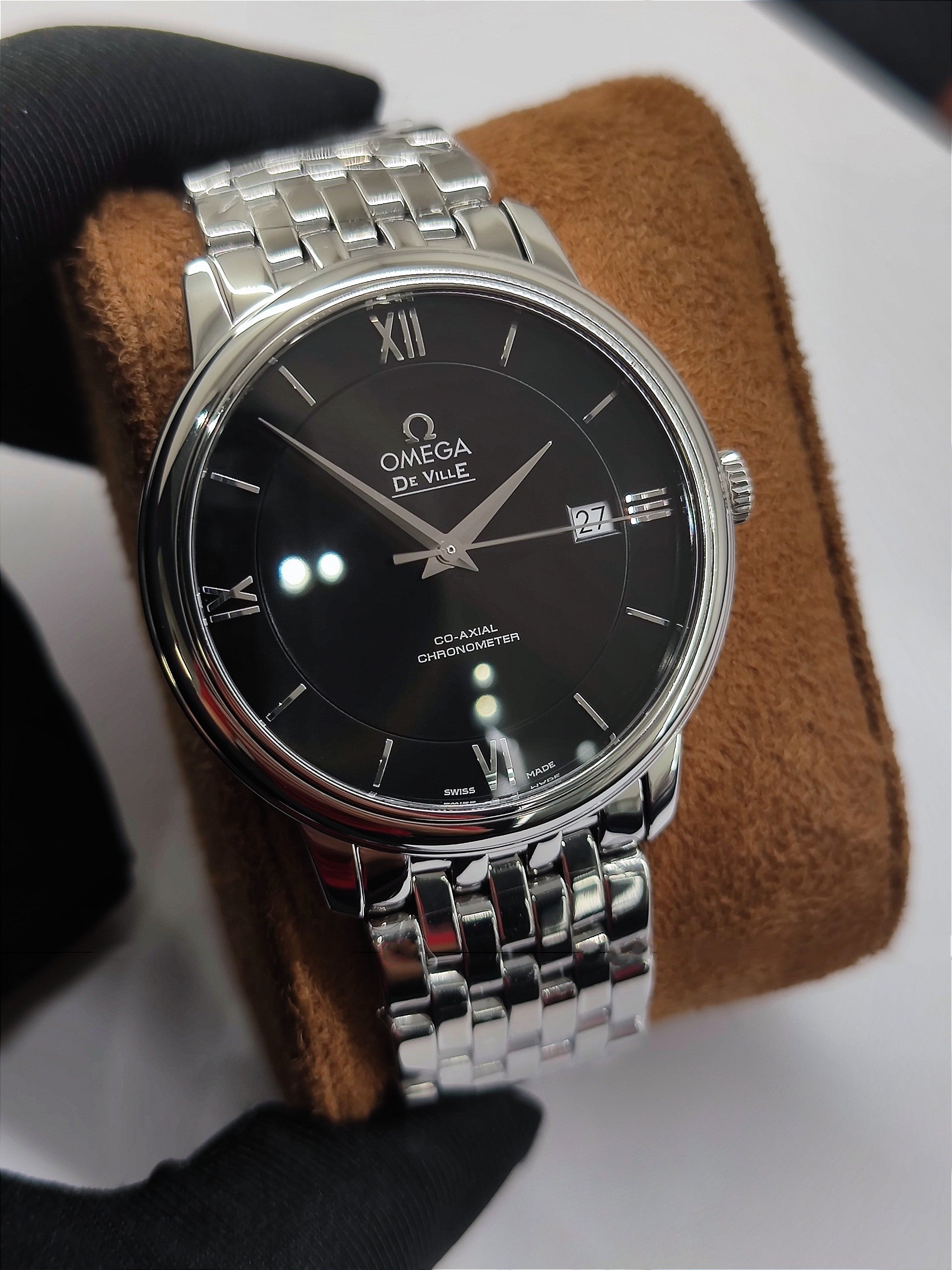 Omega De Ville Prestige Co-Axial Black Dial Silver Steel Strap Watch for Men - 424.10.40.20.01.001