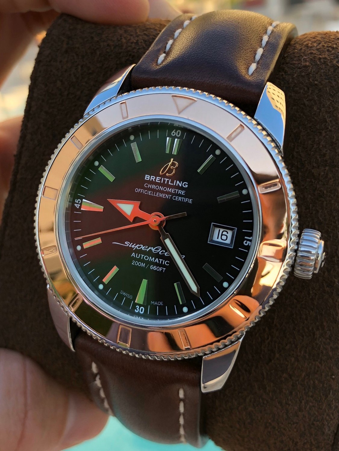 Breitling Superocean Heritage 42mm Rose Gold Chronometer Black Dial Brown Leather Strap Mens Watch - U1732112