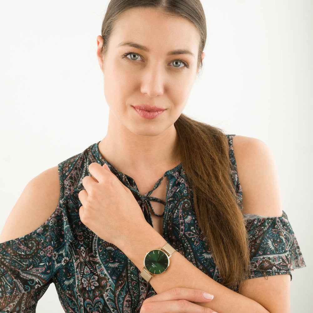 Daniel Wellington Petite Emerald Green Dial Gold Mesh Strap Watch For Women - DW00100481