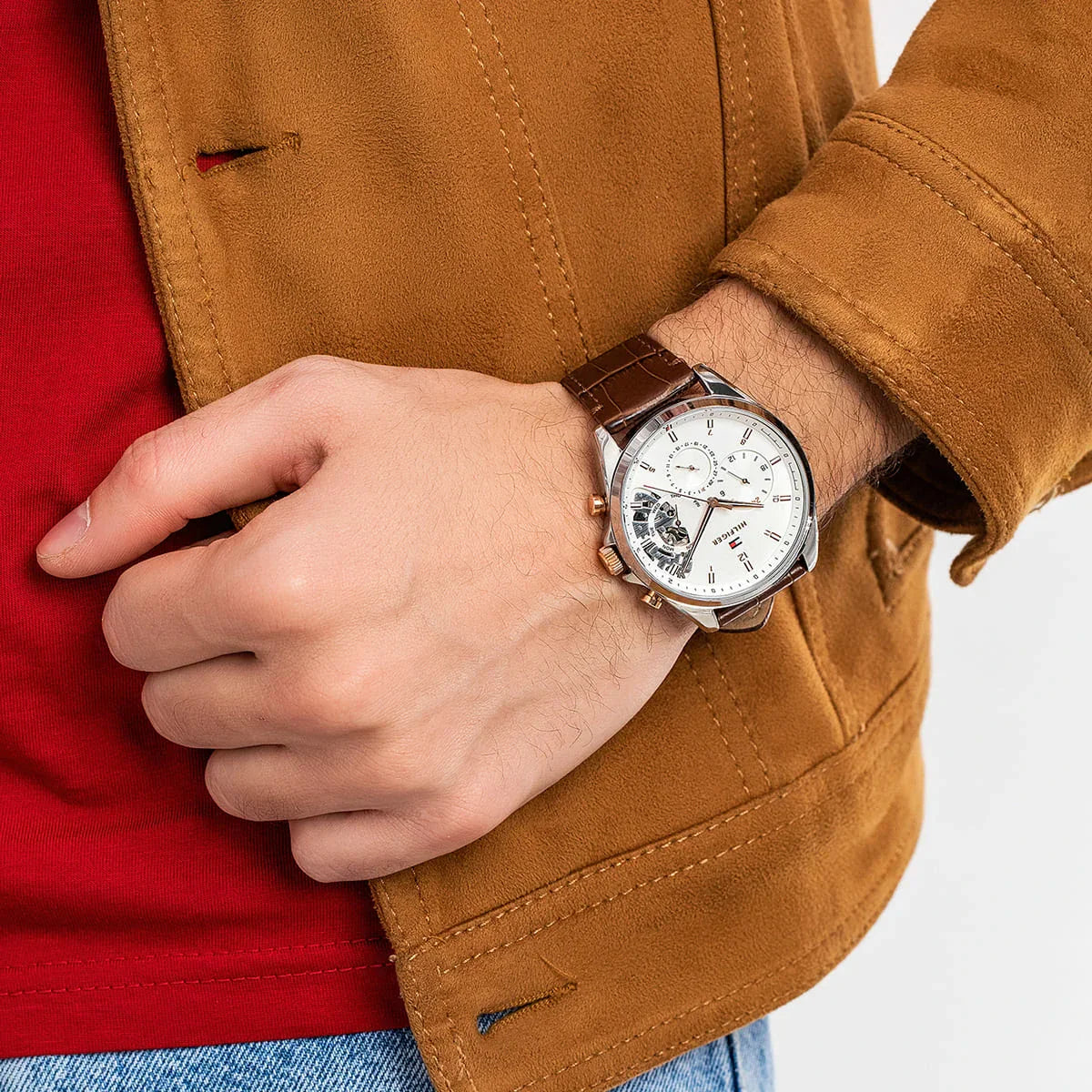 Tommy Hilfiger Baker Chronograph White Dial Brown Leather Strap Watch For Men - 1710450