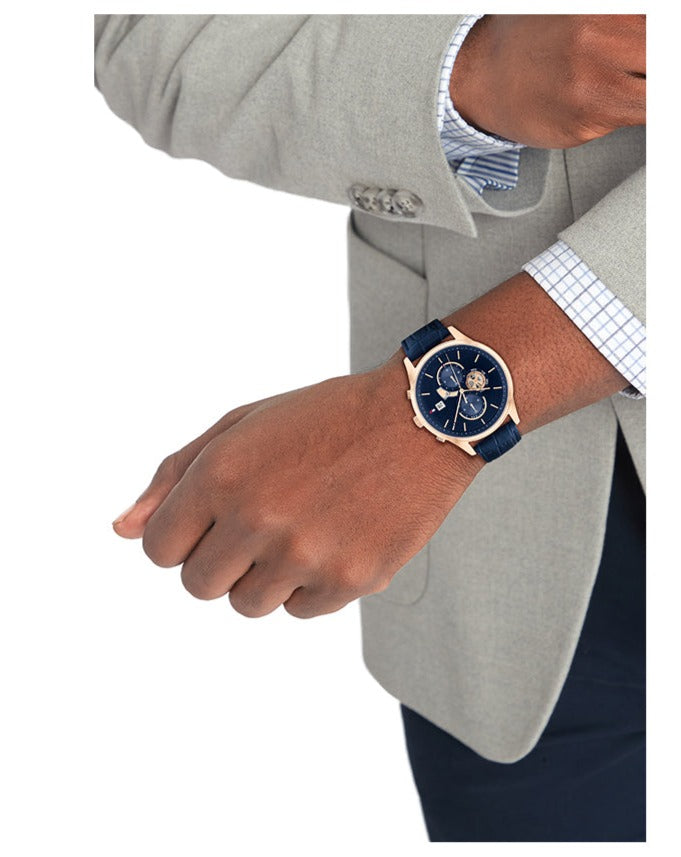 Tommy Hilfiger Weston Chronograph Blue Dial Blue Leather Strap Watch For Men - 1710503