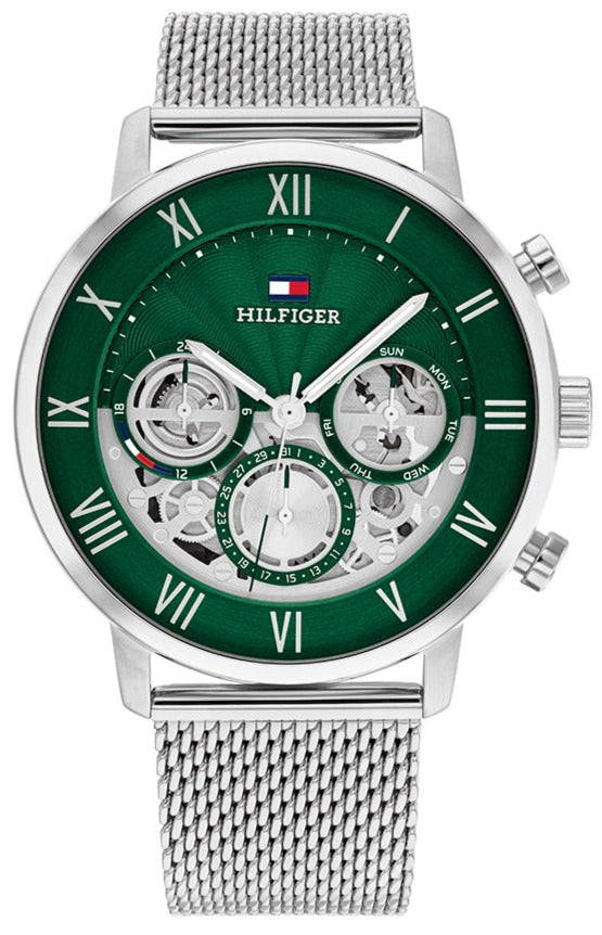 Tommy Hilfiger Legend Chronograph Green Dial Silver Mesh Bracelet Watch For Men - 1710567