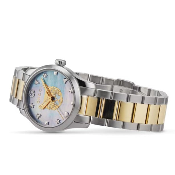 Gucci G Timeless Quartz Mother of Pearl Blue Dial Two Tone Steel Strap Watch For Women - YA1265011