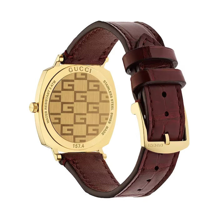 Gucci Grip Quartz Gold Dial Maroon Leather Strap Watch For Women - YA157402