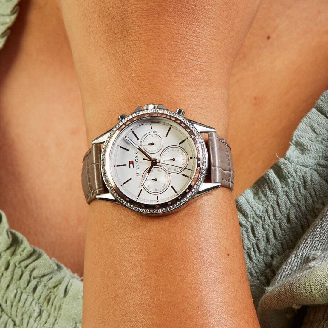 Tommy Hilfiger Ari Diamonds White Dial Grey Leather Strap Watch for Women - 1781980