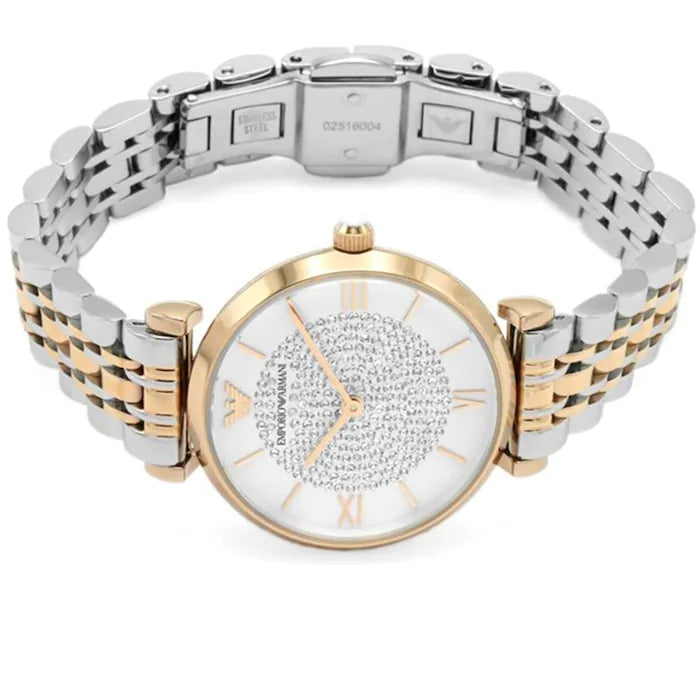 Emporio Armani Gianni T Bar Analog White Dial Two Tone Steel Strap Watch For Women - AR2076