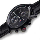 Tommy Hilfiger Aden Chronograph Black Dial Black Leather Strap Watch for Men - 1791310