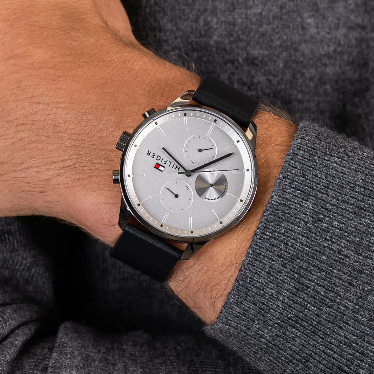 Tommy Hilfiger Lexor Silver Dial Black Leather Strap Watch For Men - 1791489