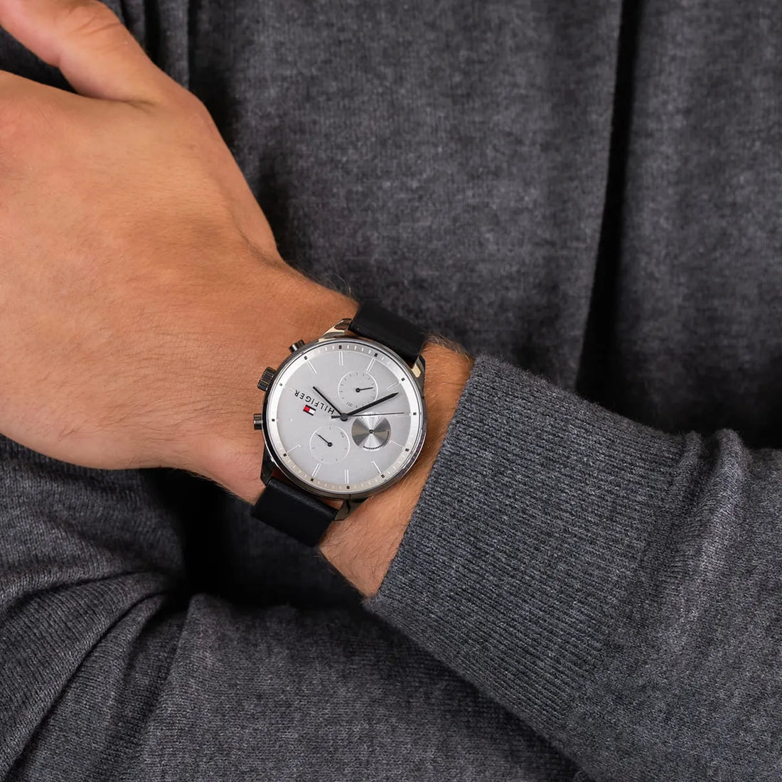 Tommy Hilfiger Lexor Silver Dial Black Leather Strap Watch For Men - 1791489