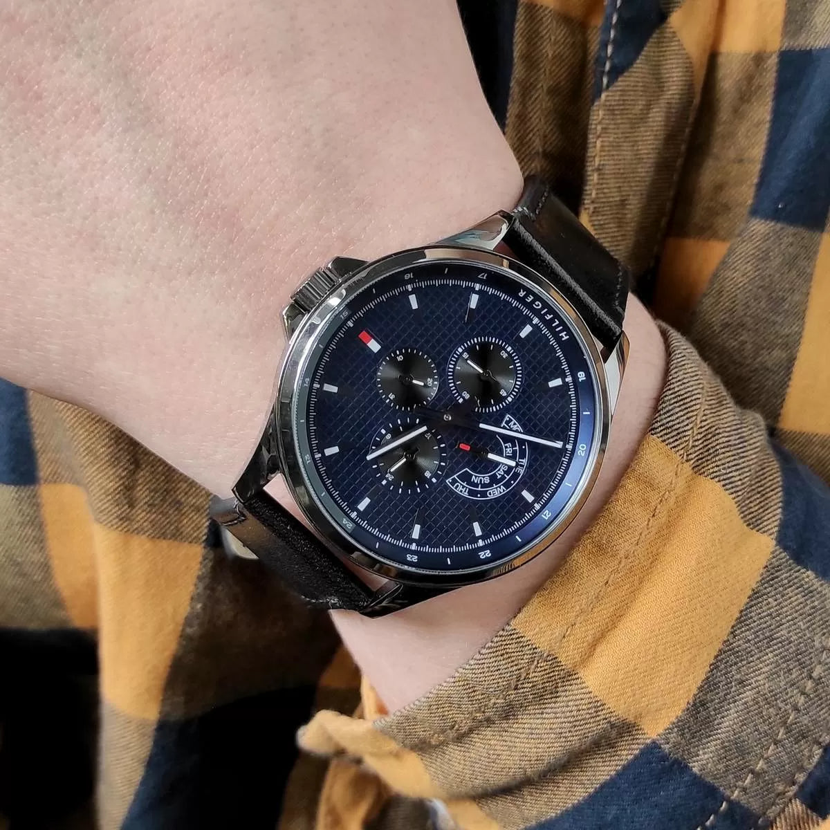 Tommy Hilfiger Shawn Multifunction Quartz Blue Dial Black Leather Strap Watch for Men - 1791616